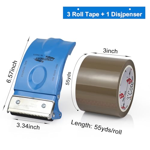 3 Inch Wide Packing Tape with Dispenser,2.4 Mil x 55 Yards Heavy Duty Packaging Tape Refill for Shipping,Industrial Grade,Urtal Strong Boxing Tape for Moving,Mailing and Storages (Brown) - color: Brown