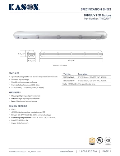 Kason 1810JUV LED Light Fixture, 4ft Walk-in Cooler/Freezer LED Ceiling Light, IP65 Vapor-Tight Polycarbonate Housing, 4000K, 11810JUV4840