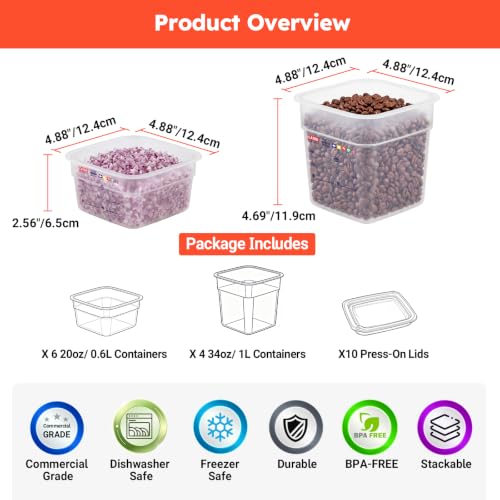 10-Pack Mini Food Storage Containers with Sealing Lids, Small Built-in Label Area Translucent Container Set, Commercial Grade, BPA-Free, Microwave Safe, 6 x 20 oz & 4 x 36 oz, 2 Markers Included