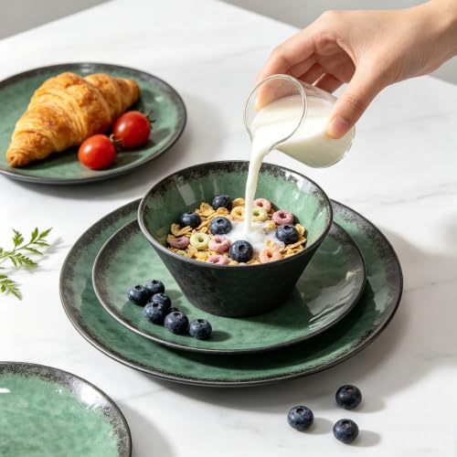 Melamine Dinnerware Sets for 4, 12 Pcs Plates and Bowls set, Green - color: Green and Black