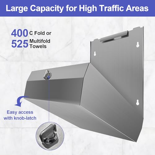 Stardrix Knob Latch (No Key Lock) Paper Towel Dispenser, Wall-Mount, Brushed Stainless Steel, Commercial Large Capacity, Fits 400 C-Fold / 525 Multi-Fold Towels - color: Brushed, size: 400 C Fold/525 Multi-Fold with Knob Latch