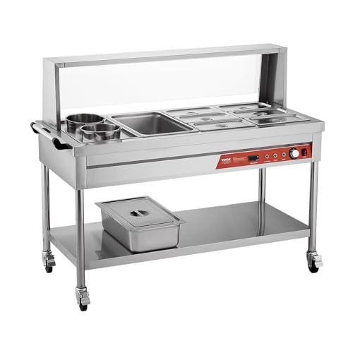 VEVOR Commercial Food Warmer, 7 Pans + 2 Pots Electric Steam Table, 1800W Professional Buffet Catering Food Warmer with Shield Undershelf Wheels, Stainless Steel Server for Party Restaurant Hotel - size: 7 Pans + 2 Pots Large