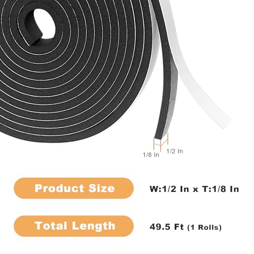 Foam Insulation Tape self Adhesive,1/2In x 1/8In x 49.5Ft Weather Stripping for Doors and Windows,Sound Proof soundproofing Door Seal,Weatherstrip,Pipe Cooling, Air Conditioning Seal Strip - size: 1/2 in x 1/8 in x 49.5 ft