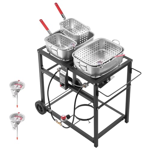 VEVOR Outdoor Propane Deep Fryer, Dual-Tank 18QTx2 Commercial Fryer, Multi-Purpose Portable Frying Cart with Wheel, 3 Basket, 2 Thermometer, Stainless Steel Cooker for Fish Fry Wings Fries, 40,000 BTU - size: 36QT(18QTX2)