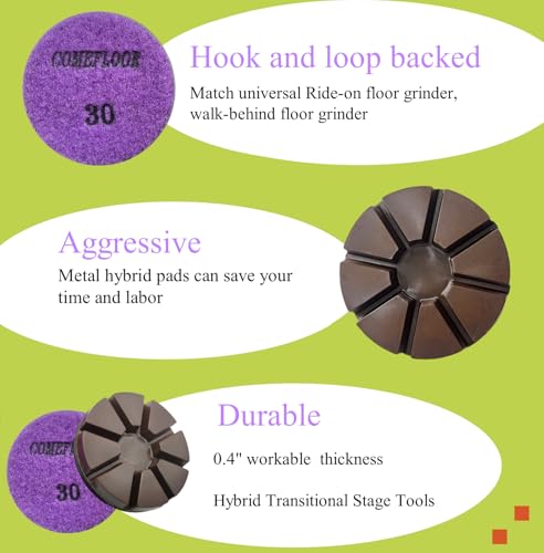 Hybrid Transitional Diamond Polishing Pucks for Concrete Terrazzo Floor, Aggressive Hook and Loop Grinding Pads, 3 Inch Sharp Copper Bond Disc, 30#, 3PCS - style: 30#