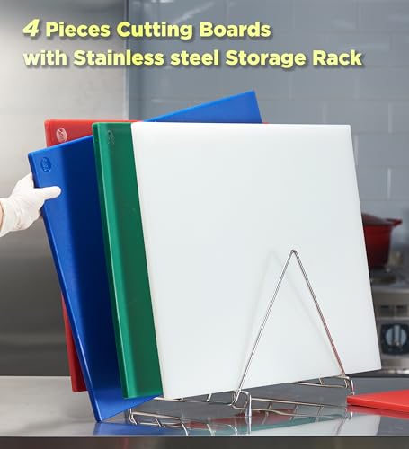 CURTA 4-Piece NSF 24" x 18" x 1/2" Multi-Colored Flexible Cutting Board Kit with Stainless steel Storage Rack, Color Coded Plastic Chopping Board with Anti Slip Surface Dishwasher Safe - color: 4-Color Set with Rack, size: 24 x 18 IN