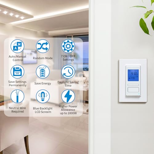 Ortis 7-Day Programmable in-Wall Timer Switch, Blue Backlight, Auto On/Off at Sunrise/Sunset, 3 Operating Modes and 49 Custom Schedules, Compatible with Fans and Motors, Neutral Wire Required - color: Blue Backlight
