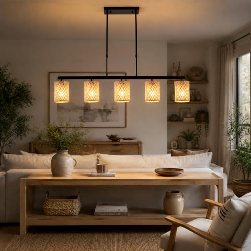Siittoo 44.49 in Rattan Chandelier, Linear Kitchen Island Pendant Light - color: 44.49 in/Pale straw yellow-5-light