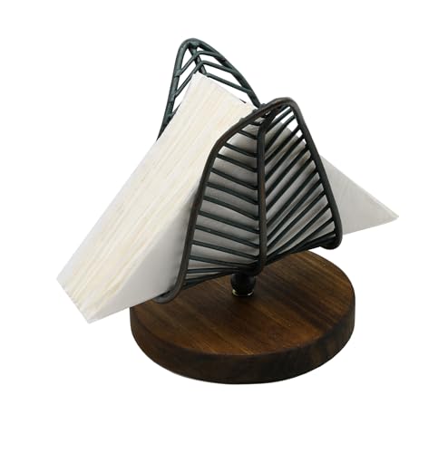 OwlGift Freestanding Modern Napkin Holder w/Golden Turquoise Wrought Iron Leaf & Brown Wooden Base Design, Tabletop Tissue Dispenser, Napkin Storage Organizer - color: Wire / Golden Turquoise