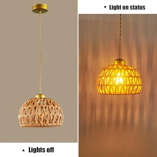 7.7" Dome Hemp Rope Pendant Light, E26 Gold Woven Adjustable Hanging Lamp - color: Basket Shape, size: 8 inch