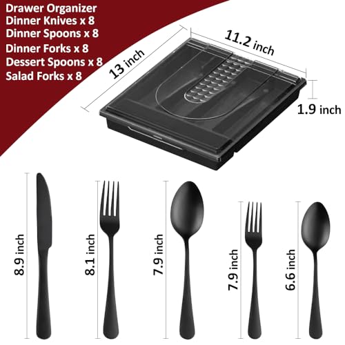 41-Piece Black Matte Silverware Set with Drawer Organizer, SANLUNS Stainless Steel Flatware Cutlery for 8 Utensil Set for Home Restaurant, Tableware Includes Knife Fork Spoon Set Dishwasher Safe - color: Matte-Organizers-Black
