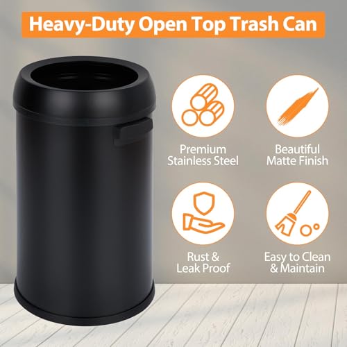 17 Gallon Fingerprint-Proof Stainless Steel Trash Can, Open-Top Heavy Duty Commercial Round Garbage Bin for Restaurant, Home, Office, Black - color: Black