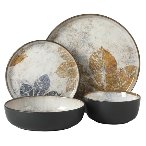 Gibson Elite Chantilly Hill 16-Piece Ceramic Dinnerware Set, Round Plates & Bowls, Multicolor Leaf Design, Microwave & Dishwasher Safe, Service for 4 - color: Multicolor Leaf Design (Chantilly Hil)
