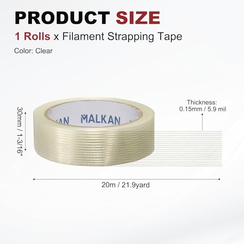 uxcell Filament Strapping Tape 1 3/16" x 21.9 Yards 5.9 Mil Heavy Duty Tape - size: 1 3/16 Inch x 21.9 Yards 5.9 Mil