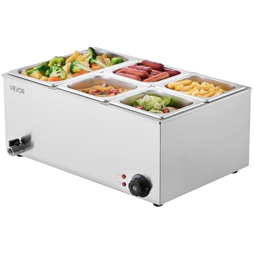 VEVOR 24QT Commercial Food Warmer, 5-Pan Electric Steam Table, 1200W Professional Countertop Stainless Steel Buffet Bain Marie with 86-185°F Temp Control for Catering, Buffet, Parties, Restaurants - size: 1x1/3Pan and 4x1/6Pan ;24QT