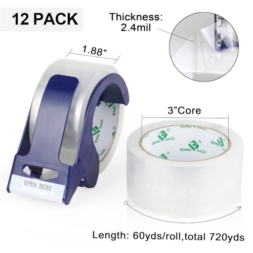 BOMEI PACK Clear Packing Tape 12 Rolls x 1.88 in. x 60 yds with Dispenser - color: Clear, size: 60yds