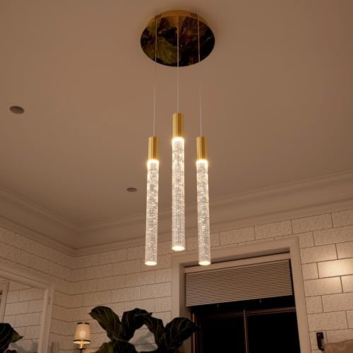 LED Modern Bubble Crystal Pendant Light for Kitchen Island Dining Room Living Room Foyer Remote Dimmable Gold Hanging Ceiling Fixture - color: Gold, size: 3-Light