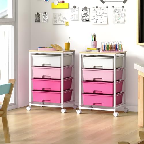 SYKIARIOL Rolling Cart with Drawers, 4-Drawer Utility Cart, Pink - color: Dark Pink
