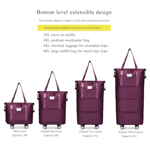 4-in-1 Expandable Rolling Duffel Bag with Detachable Wheels, 28L-80L Collapsible Luggage with Bonus Spare Wheel, Foldable Travel Trolley for Carry-On, Weekend, Shopping & Moving, Deep Purple - color: Deep Purple