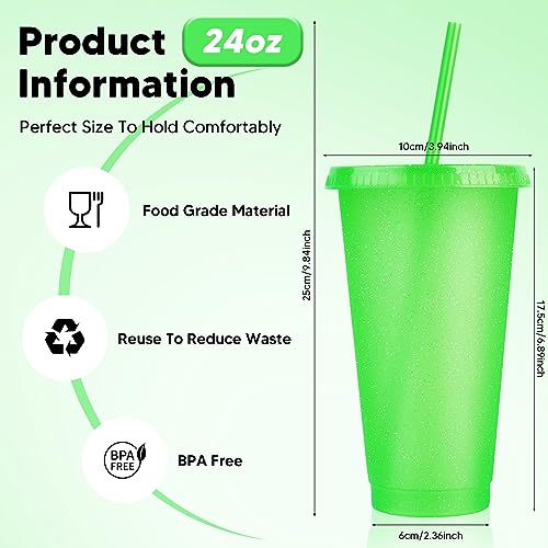 24 Pack Plastic Tumblers With Lids and Straws, Reusable Colorful Cups for Parties, Birthdays, Iced Coffee, Travel Mug, Cold Drinks (24 oz, Green) - color: Green-24pcs