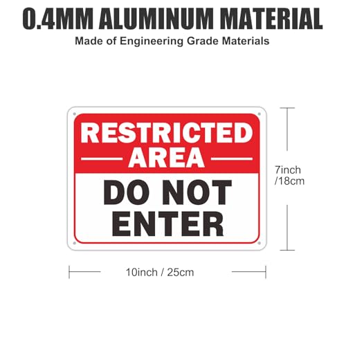 4-Pack Restricted Area Do Not Enter Signs, 0.4mm Reflective 10 x 7 Inches Aluminum Square Street Road Sign, Rust Free Aluminum Weather Resistant Waterproof Fade Resistant, Easy to Install