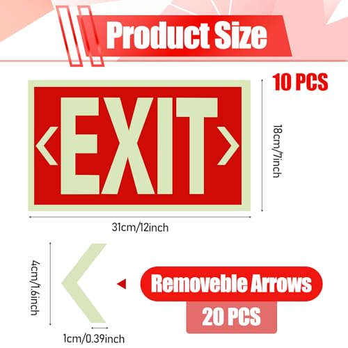 10 Pcs 12 x 7 Inch Glow in the Dark Exit Signs for Business with 20 Arrows, Waterproof Fade Resistant Tear Photoluminescent Exit Signs Stickers for Office Indoor Outdoor Business