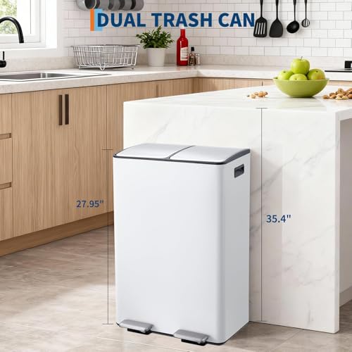 Garvee 16 Gal Dual Compartments Kitchen Trash Can, Stainless Steel, White - color: White, size: 30L+30L