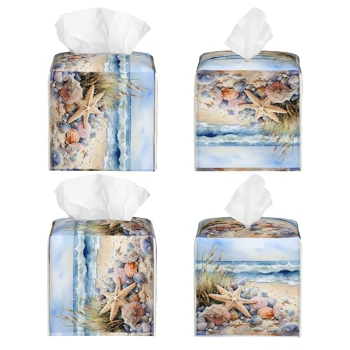 Tissue Box Cover Watercolor Beach Starfish Seashell Square PU Leather Tissue Box Holder for Car Bathroom Bedroom Desk Tabletop Decor - color: Watercolor Beach Starfish Seashell