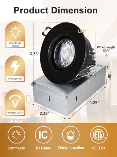 POPANU 3 Inch LED Recessed Lights 6 Pack,Adjustable Gimbal Downlight, Black - color: Black, size: 3 Inch