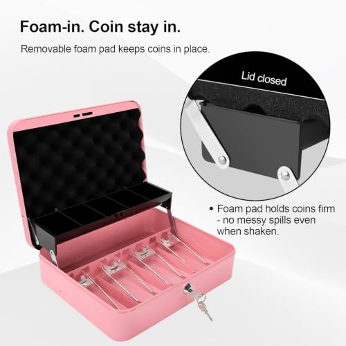 Jssmst Metal Cash Box with Money Tray and Lock, Portable Cash Drawer, 11.8" - color: Pink Key