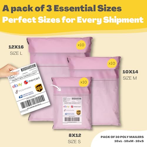 Shipping Bags (30 Pack) with Label Pouch - 8x12, 10x14 & 12x16 - Poly Mailers for Clothes, Self-Seal Plastic Mailing Envelopes - Tear & Water-Resistant Packaging Bags for Clothing, Not Padded - color: Pink, size: 3 Sizes 8x12 10x14 & 12x16 [WITH label pou