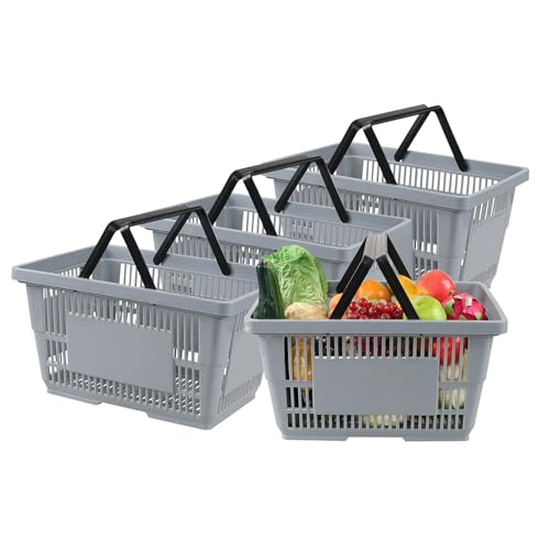 4 Pcs 28 L Portable Plastic Shopping Basket with Handle, Gray