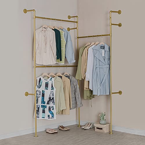 Modern Simple Industrial Pipe Double Hanging Rods Clothing Rack, Clothes Rack Wall Mounted Heavy Duty Hanging Clothes Rack, Detachable Garment Bar 93.7X84inch (Gold) - style: 3-Hanging Gold
