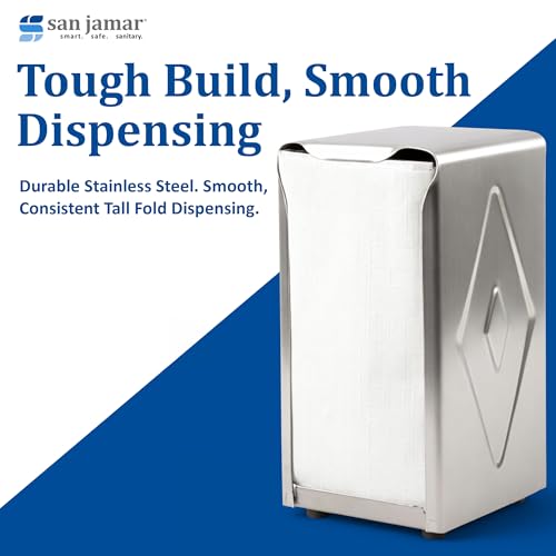 San Jamar H900X Tall Fold Restaurant Style Napkin Dispenser, 7-1/2" x 3-3/4", 150 Capacity, Satin Stainless