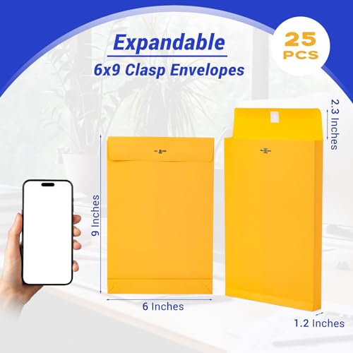 6x9 Expanding Clasp Manilla Envelopes with Gummed Seal 25 Pack, Goefun Heavy Duty 180 GSM Kraft, Resuable Small Manila Envelopes for Filing, Storage & Mailing - color: Yellow-25 pack, size: 6x9