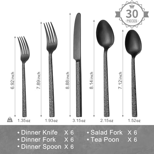 30 Pcs Black Hammered Silverware Set for 6, 18/10 Stainless Steel Flatware - color: Black, size: 30-Piece