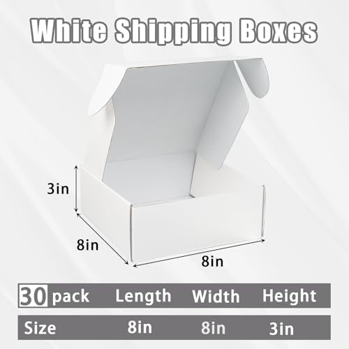 FORBFAN 8x8x3 Shipping Boxes, 30 Pack White Mailer Boxes for Small Business, Medium Corrugated Cardboard Boxes for Mailing & Shipping - color: White, size: 8x8x3