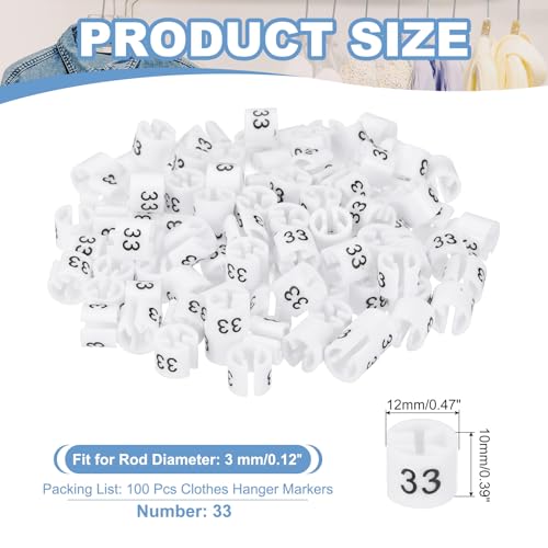PATIKIL 100 Pcs Clothes Hanger Markers, Number 33 Tag Fit 3mm Rod Garment Size Hanger Clips Color Coding Label for Clothing Hangers, White - size: Number 33
