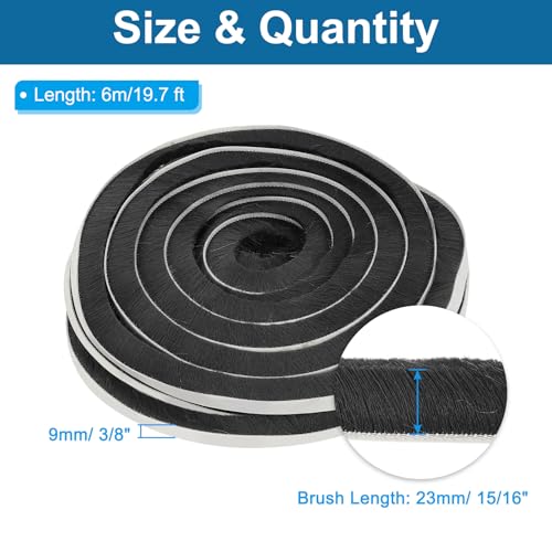 PATIKIL Weather Stripping Brush 3/8 Inchx15/16 Inchx19.7 Ft Self Adhesive - color: Black, size: 3/8 Inch x 15/16 Inch x 19.7 Ft