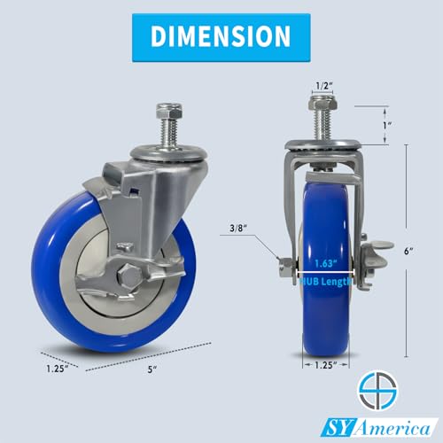 SY America 5" Shopping Cart Replacement Wheels,Stem Casters Swivel Casters Set of 4 Heavy Duty Castors,Load Capacity 1400 lbs (Blue) - color: Blue, size: 2 Brake & 2 Swivel