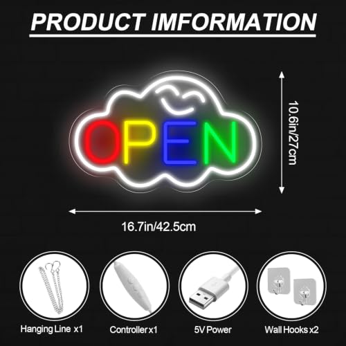 Cloud Open Neon Sign For Business, Rainbow Open Welcome LED Light - color: Cloud Open