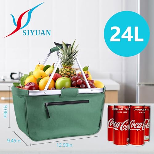 Picnic Basket, SIYUAN 24L Collapsible Market Basket with Two Handles Portable Canvas Grocery Basket Reusable Christmas Shopping Bag - color: Green