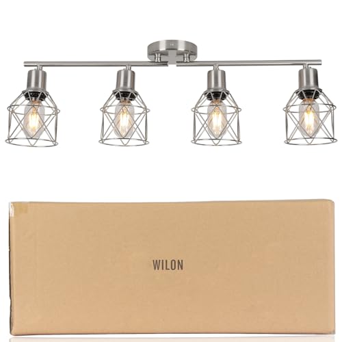 WILON Ceiling Lighting Fixtures,4 Way Track Light Fixture,4 Ceiling Spotlight,Kitchen Island Lighting Semi Flush Mount,Kitchen Track Lighting Flexibly Rotatable Light Head,E26 Base - color: Brushed Nickel, size: 4-Light-Cage