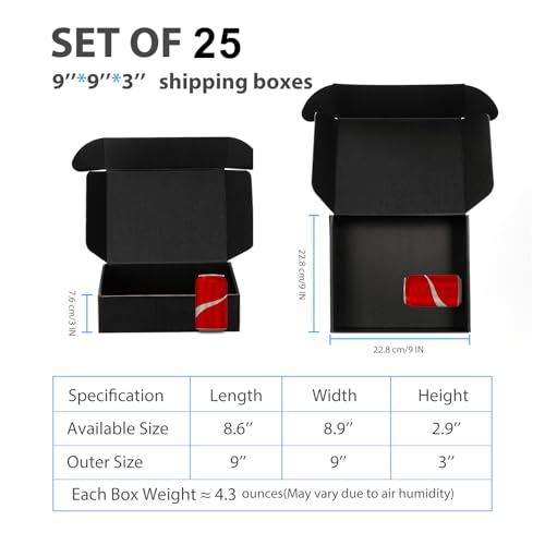 9x9x3 Black Shipping Boxes for Small Business, Packing, 25 Pack - color: Black, size: 9x9x3 inch