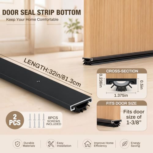 FoldTier 2 Pack Black 32 Inch Door Sweep for Bottom, Door Draft Stopper - color: Black, size: 32 Inch