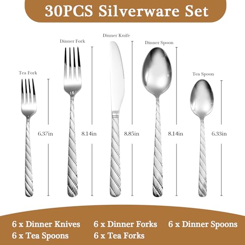 Luxury Hammered Silverware Set, 30 Pieces Flatware Set Service for 6, 18/10 Premium Stainless Steel, Mirror Polished Cutlery Utensil Set Include Fork Knife Spoon Set Dishwasher Safe - color: Twist Silver 30pcs
