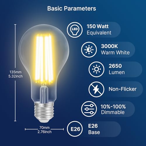 FLSNT 150W Eq Dimmable A23 LED, 2650LM, 3000K, E26, 4P - color: 150w 3000k Warm White, size: 4 Count (Pack of 1)