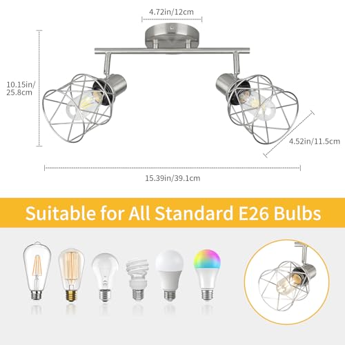 WILON Industrial Track Lighting Kit, 2 Light Modern Track Lighting Fixtures Brushed Nickel Flush Mount Ceiling Light Rotatable Light Head E26 Base Ceiling Spotlight for Kitchen Dining Room Hallway - color: Brushed Nickel, size: 2-Light-Cage