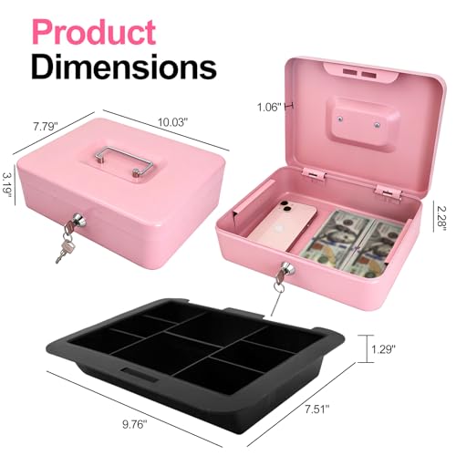 10" Cash Box with Money Tray, Pink, Large - color: Pink, size: Large
