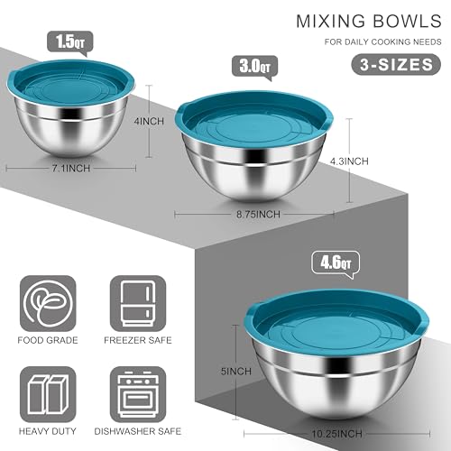 HaWare Mixing Bowls with Airtight Lids, 6-Piece Stainless Steel Salad Bowls - color: Teal Blue, size: Airtight Lids